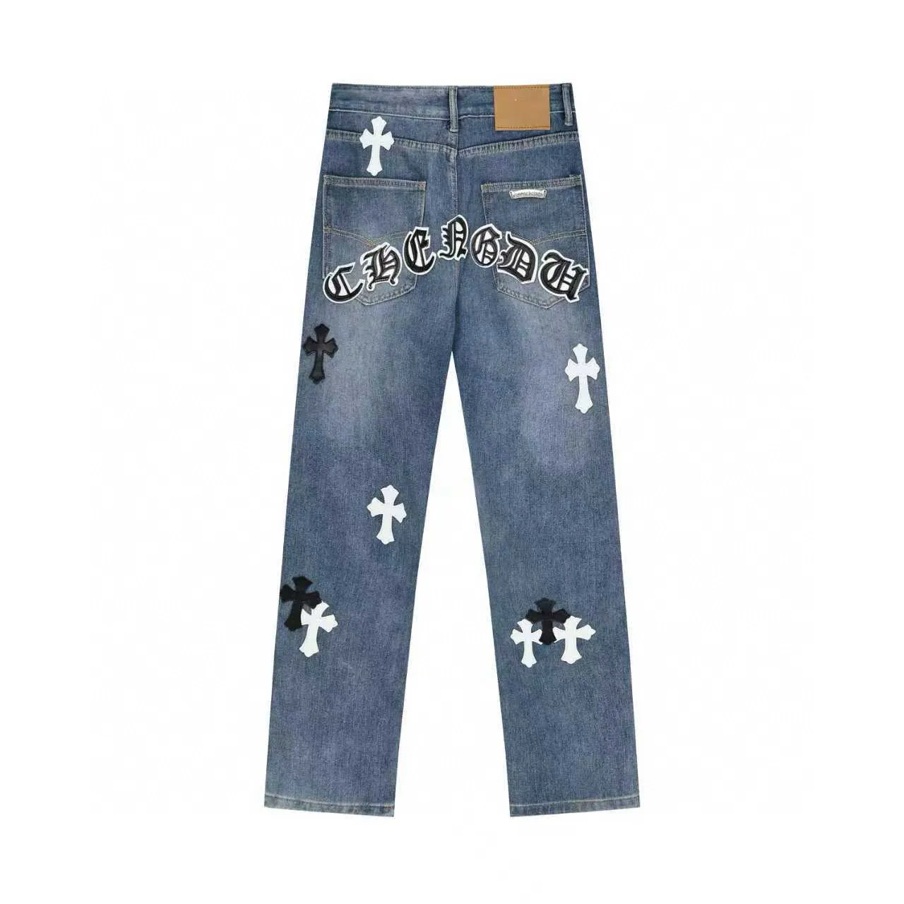 P270 Chrome Hearts/Chrome Hearts Classic Color Leather Cross Washed Color Fabric Unisex Denim Trousers Color: Picture Color Code Number: 28-36